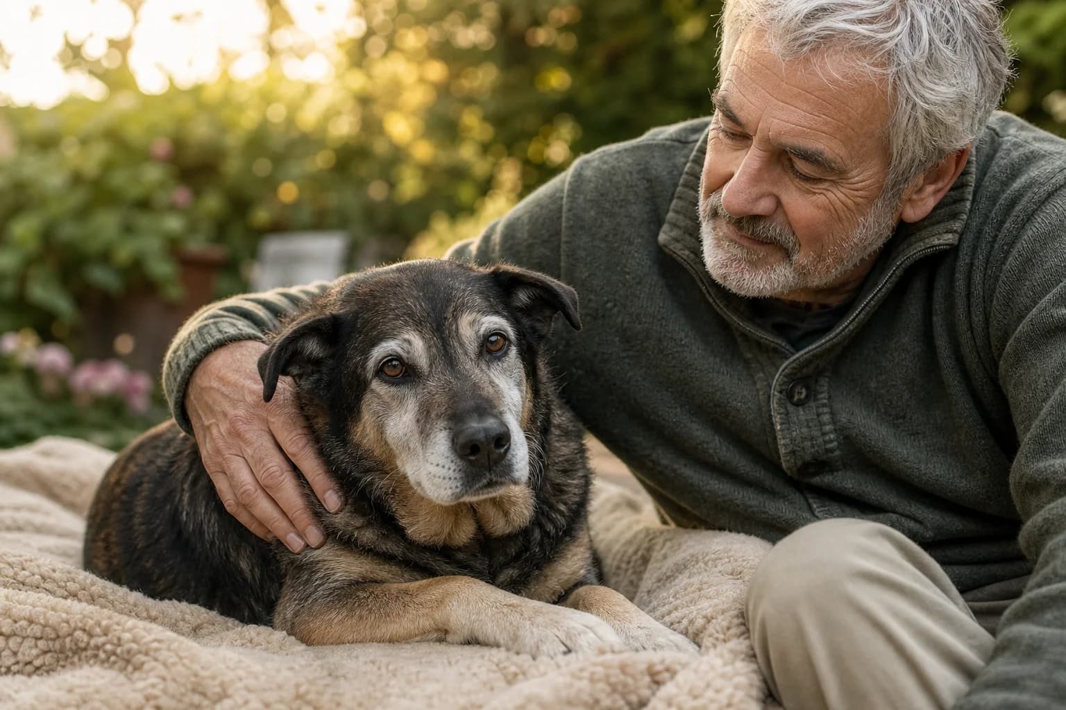 Un homme assis dans le jardin à côté de son vieux chien
