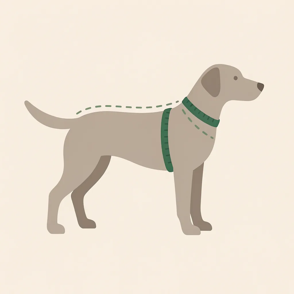 Illustration d'un chien de profil : la bande verte juste derrière les pattes avant montre où mesurer le tour de poitrail