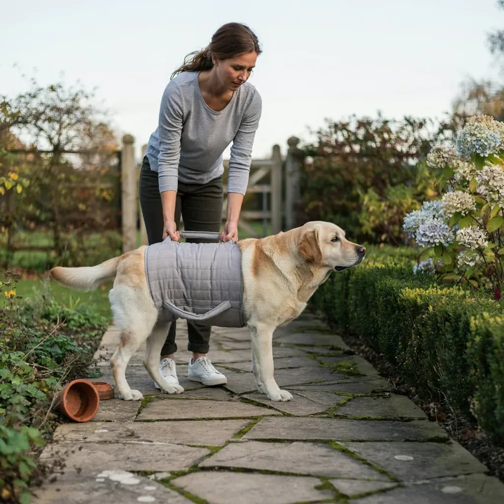 Une femme penchée tient par les poignées l'écharpe de soutien matelassée grise de son labrador, sur une allée de jardin