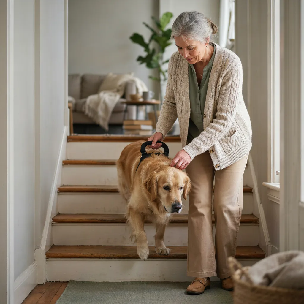 Une dame aide son golden retriever âgé à descendre l'escalier en le tenant par la poignée de son harnais de soutien