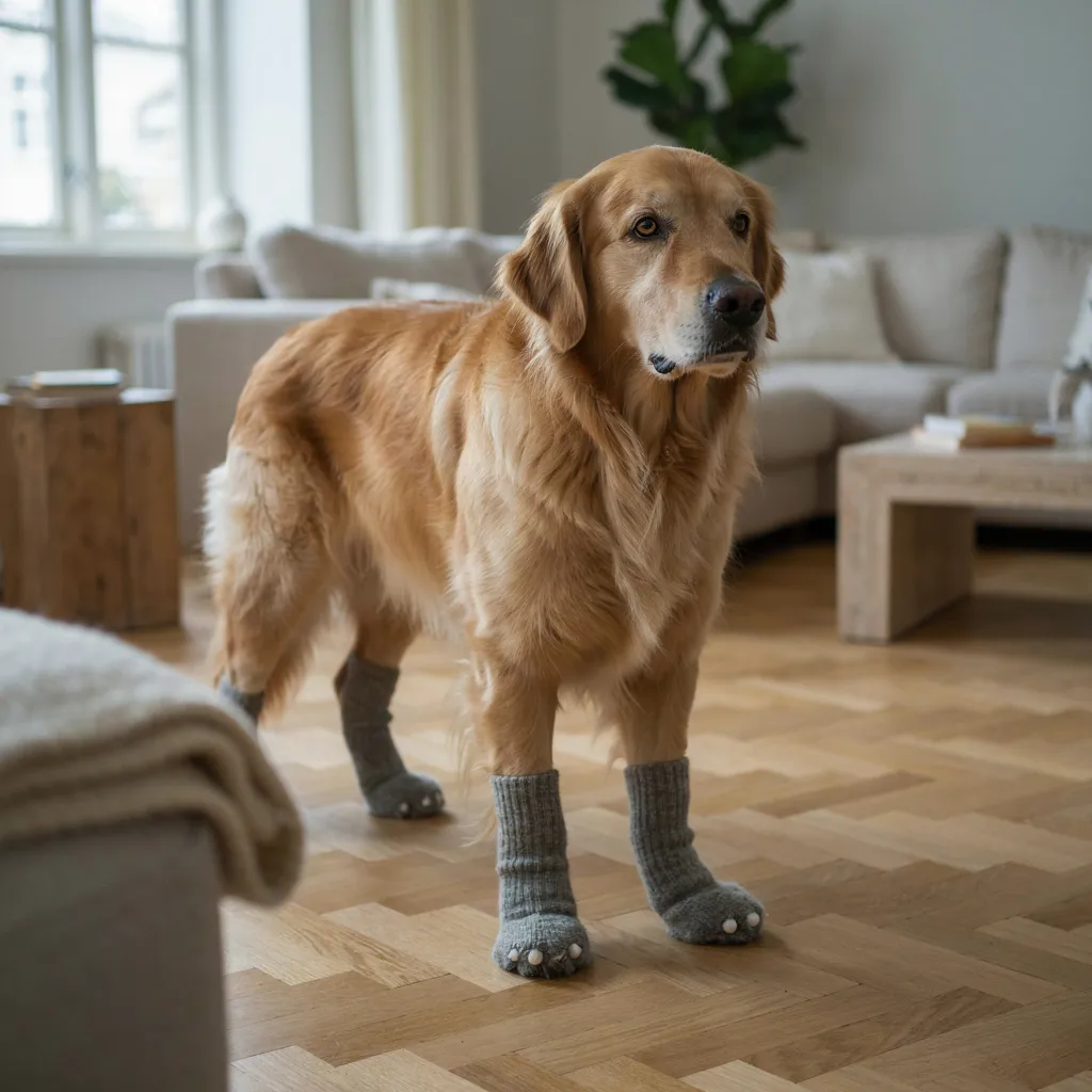 Un golden retriever senior debout dans un salon, portant des chaussettes antidérapantes grises sur un parquet