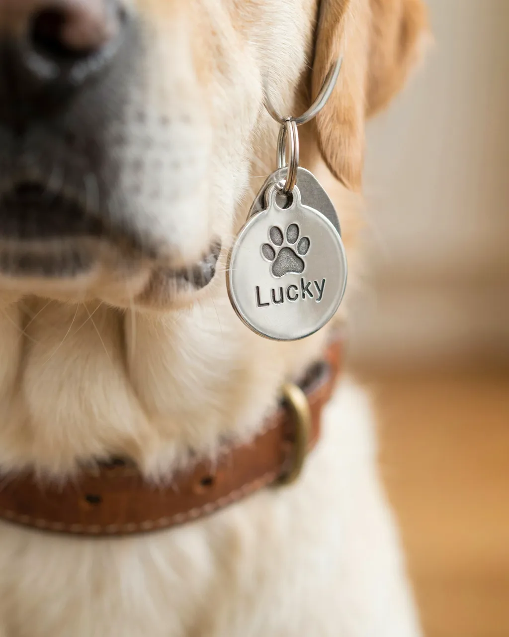 Médaille d'identité argentée gravée du prénom « Lucky » suspendue sous le museau d'un labrador
