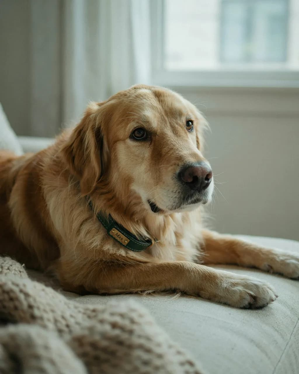 Golden retriever senior couché près de la fenêtre, avec son collier en cuir vert et sa plaque gravée au prénom