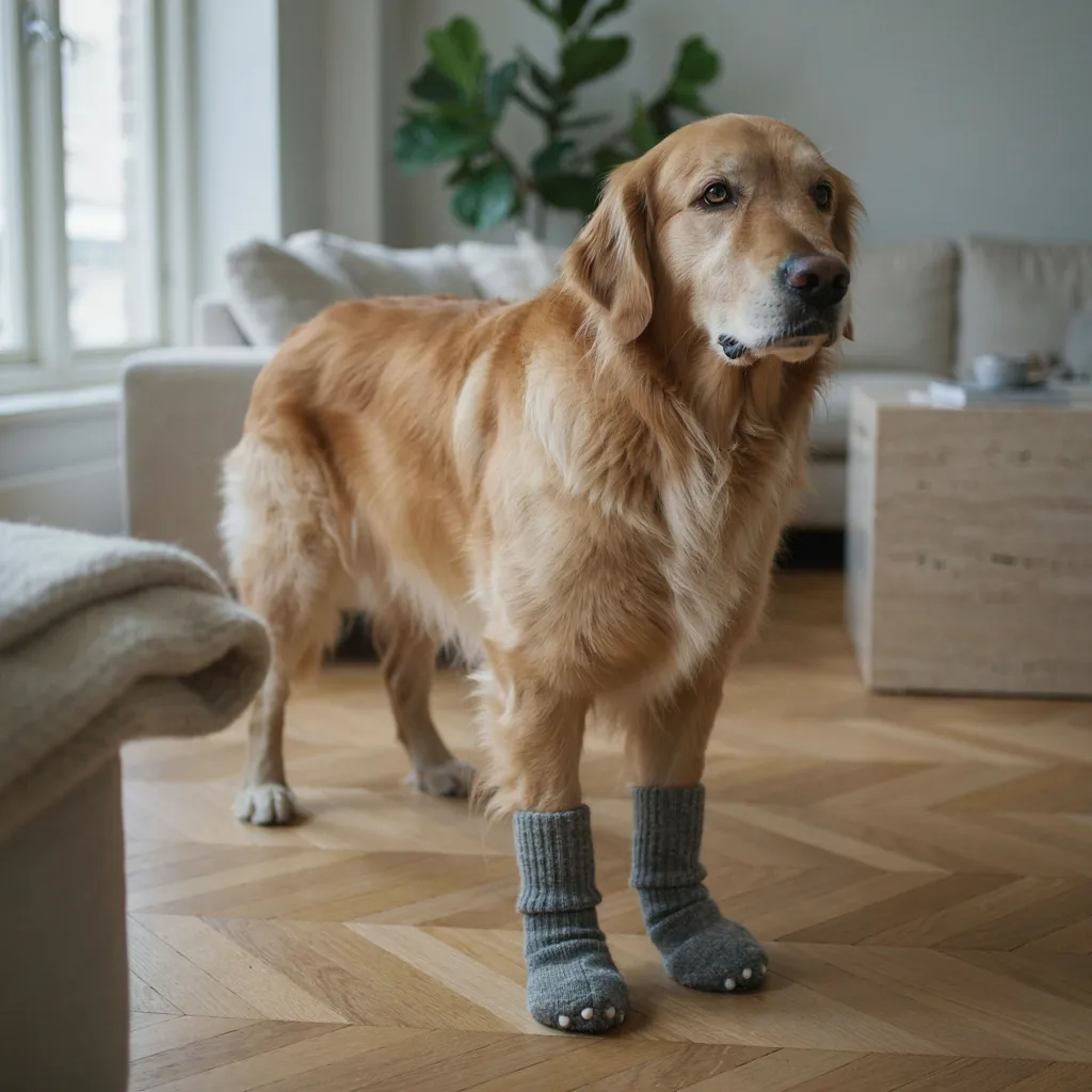 Un golden retriever âgé debout sur un parquet en chevrons, chaussé de chaussettes antidérapantes grises