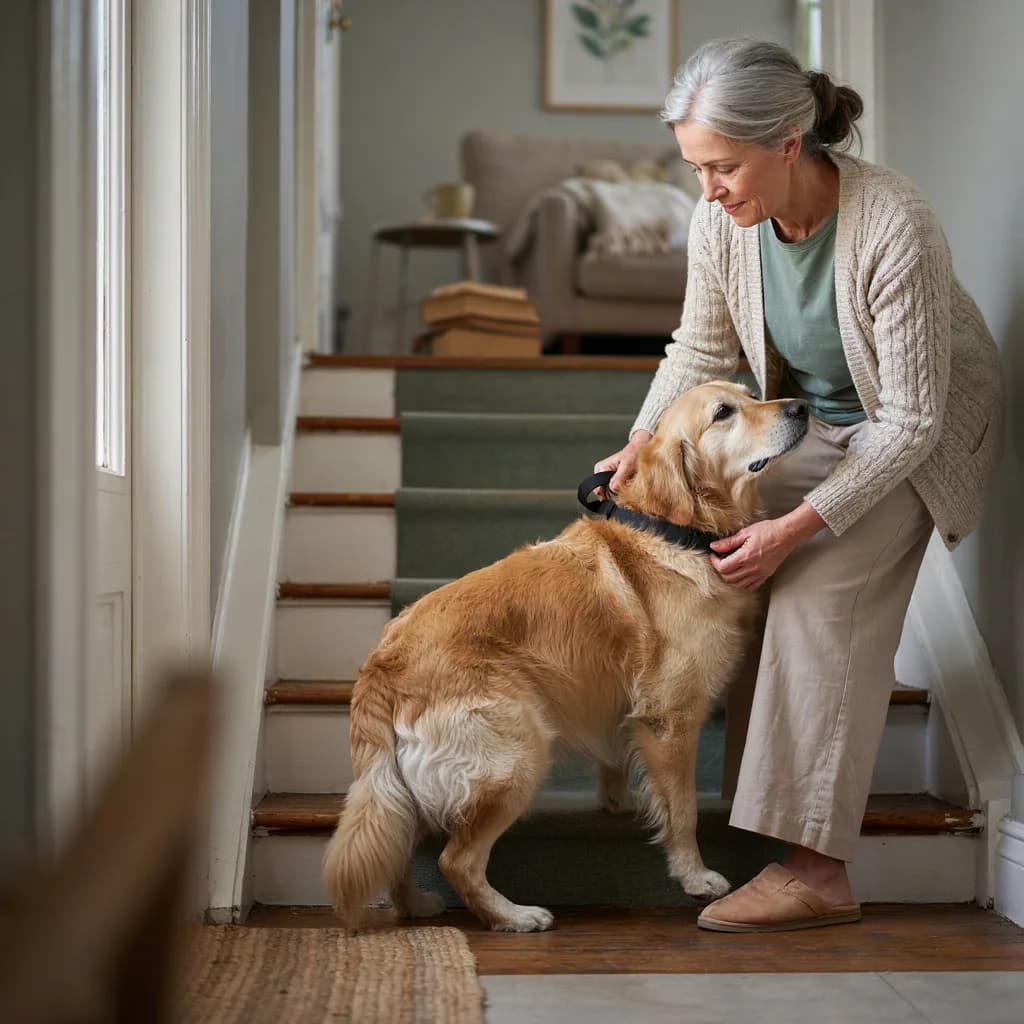 Une dame aux cheveux gris ajuste le harnais de son golden retriever âgé au pied d'un escalier, dans une maison chaleureuse