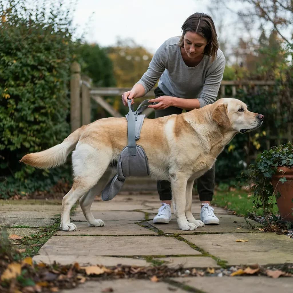 Une femme ajuste l'écharpe de soutien grise sous le ventre de son labrador âgé, dans un jardin en automne