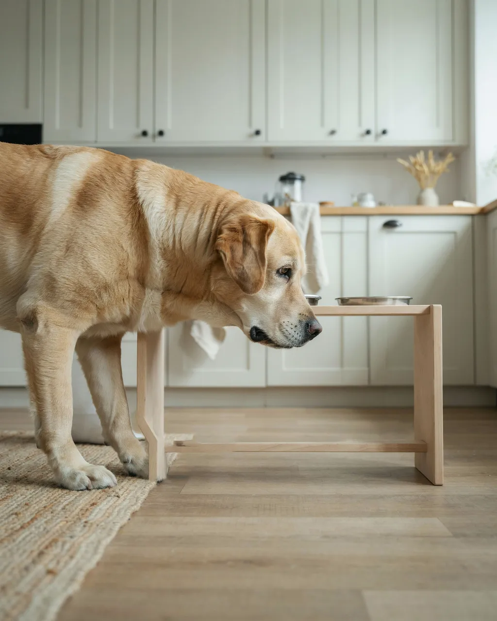 Un labrador âgé s'approche de sa gamelle double surélevée en bois clair, avec deux bols en inox, dans une cuisine