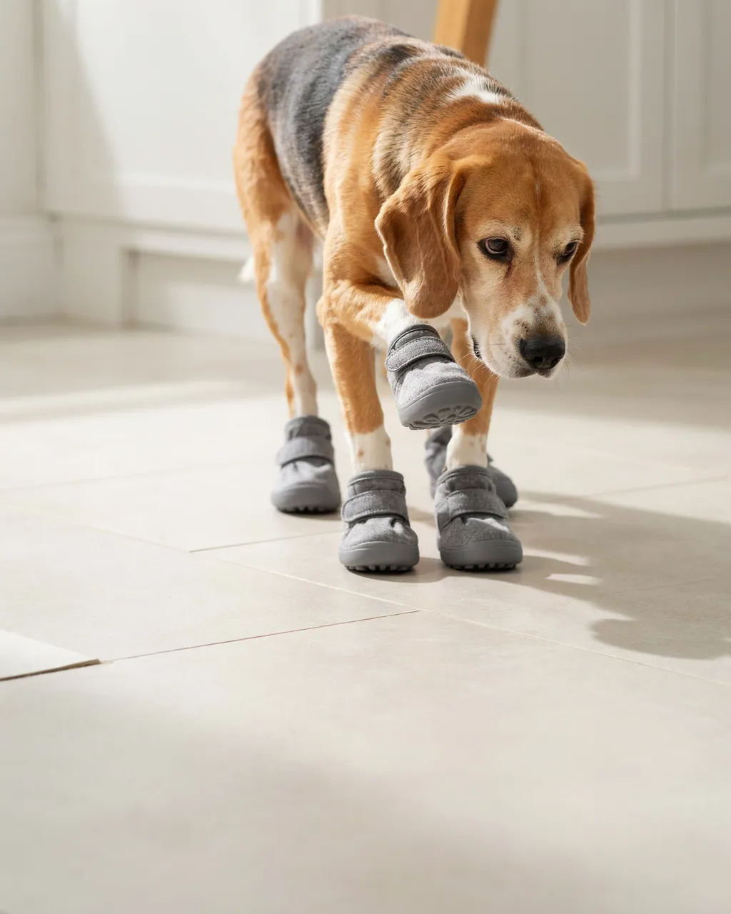 Un beagle âgé lève une patte en marchant sur un carrelage clair, chaussé de protections de pattes grises à scratch