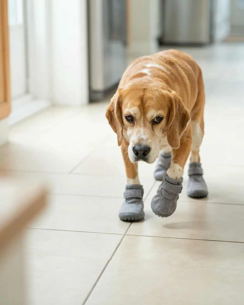 Un beagle senior avance vers l'objectif dans un couloir lumineux, avec des protections de pattes grises antidérapantes