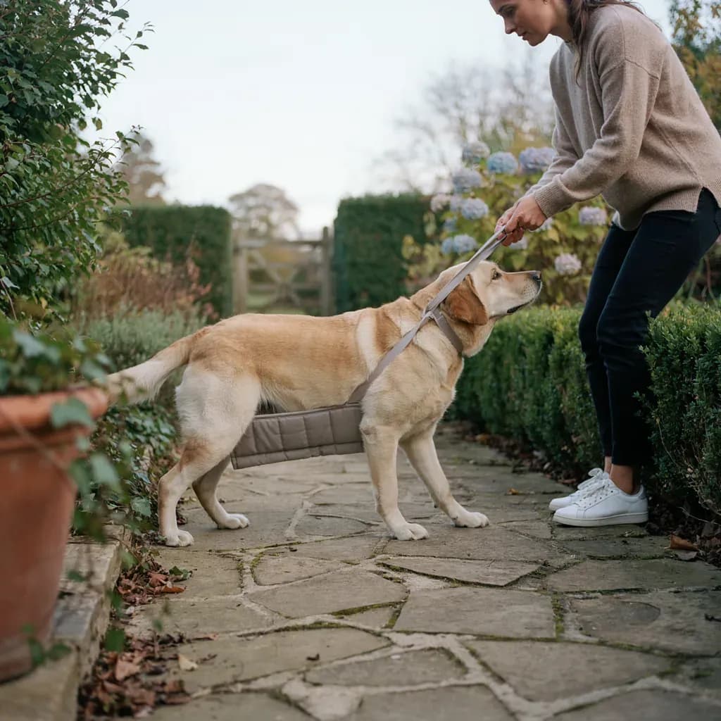 Une femme accompagne son labrador sur une allée de jardin en le soutenant avec une écharpe matelassée beige