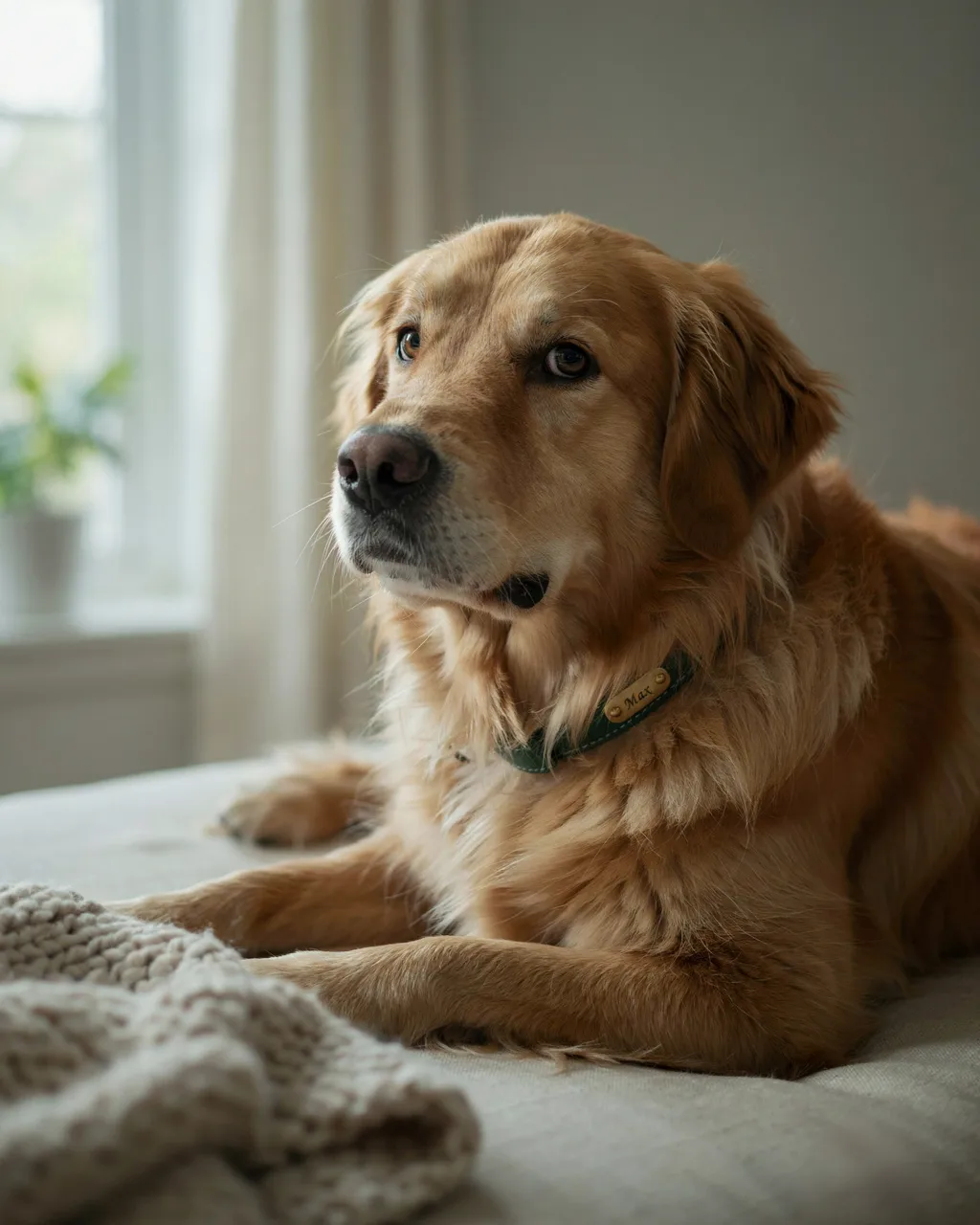 Golden retriever senior allongé près d'une fenêtre, avec son collier vert et sa plaque gravée au prénom « Max »