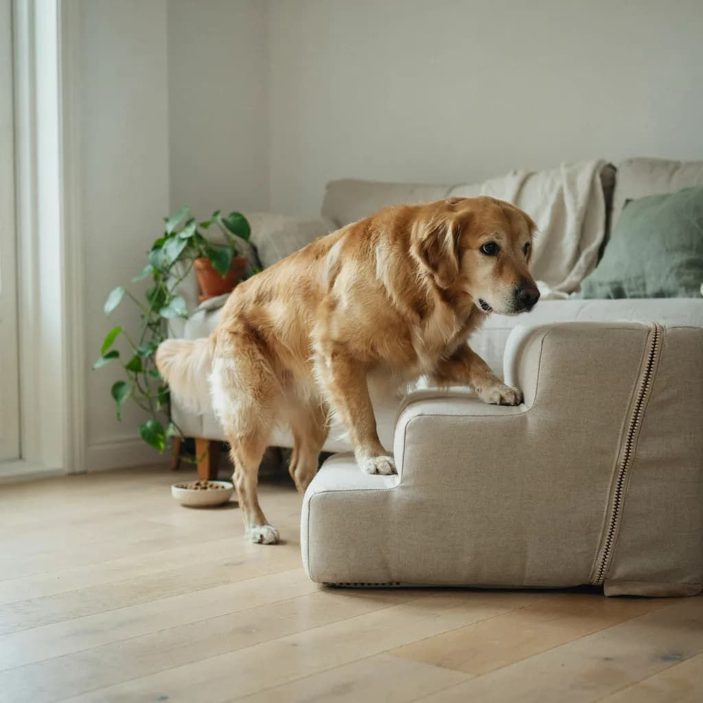Un golden retriever âgé pose les pattes sur un escalier en mousse beige pour monter sur le canapé du salon