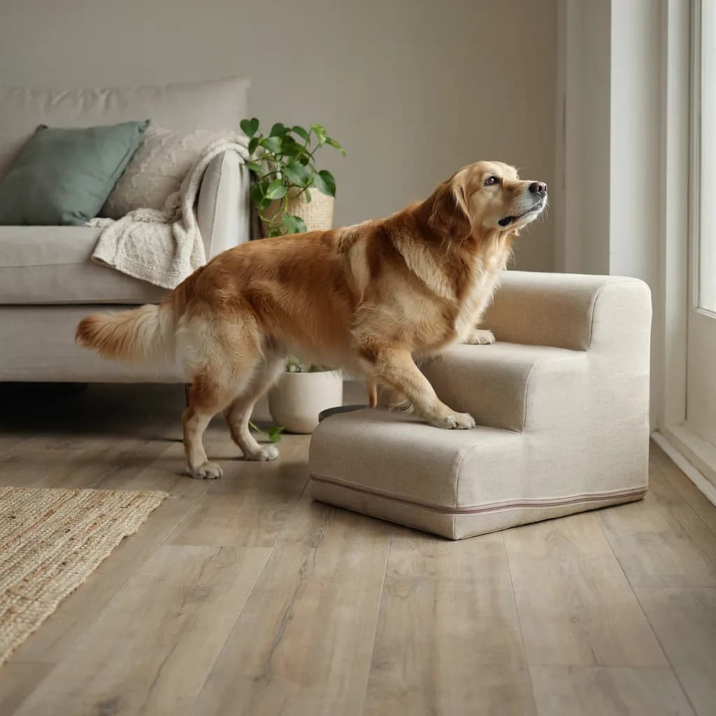 Un golden retriever senior monte la marche d'un escalier en mousse beige posé au pied du canapé, sur un parquet clair