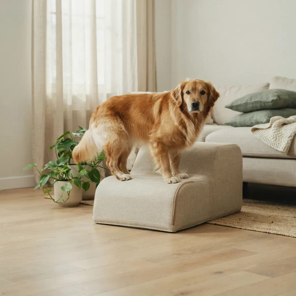Un golden retriever âgé se tient sur un escalier en mousse beige devant le canapé, dans un salon lumineux