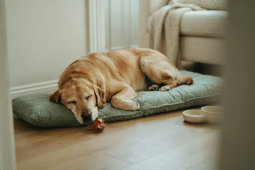 Un labrador senior fait la sieste sur un matelas vert sauge, la tête sur le coussin, près de ses gamelles