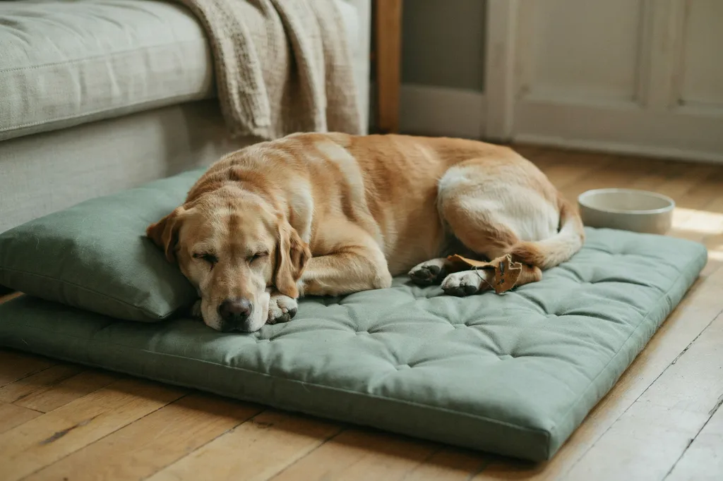 Un labrador âgé dort sur un matelas vert sauge, la tête posée sur le coussin, au pied du canapé