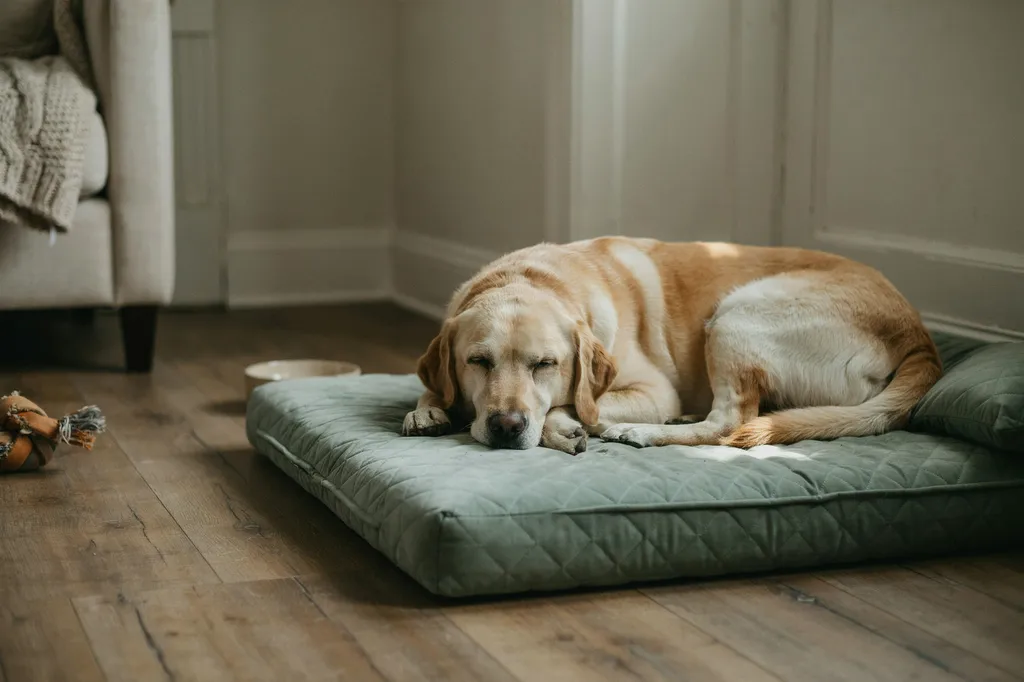 Un vieux labrador endormi en boule sur un matelas matelassé vert sauge, dans un coin calme du salon