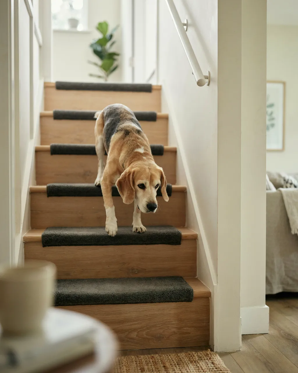 Un vieux beagle descend un escalier étroit en bois, chaque marche recouverte d'un tapis en moquette grise