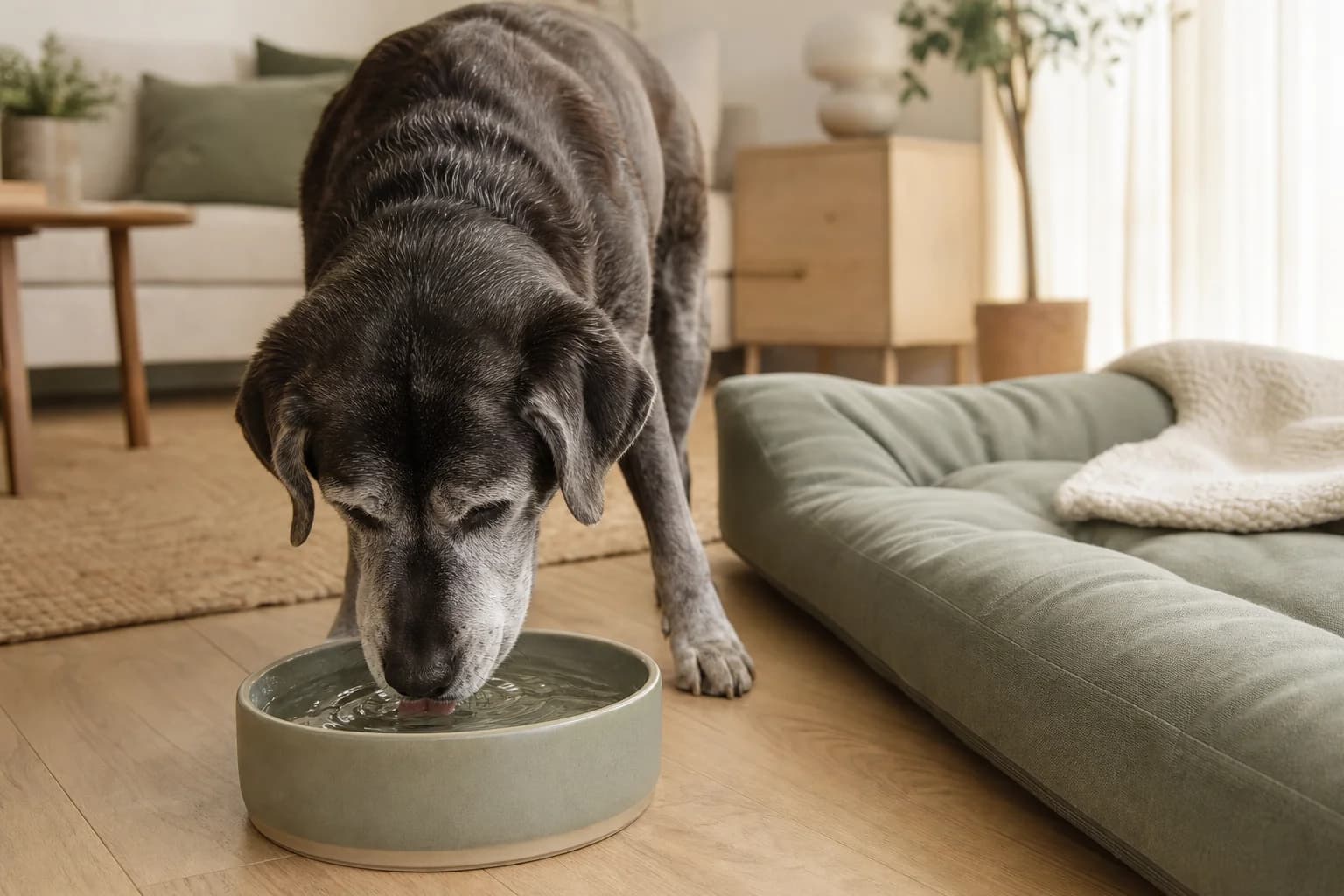 Un vieux labrador boit dans un grand bol d’eau posé près de son matelas vert sauge, dans le salon