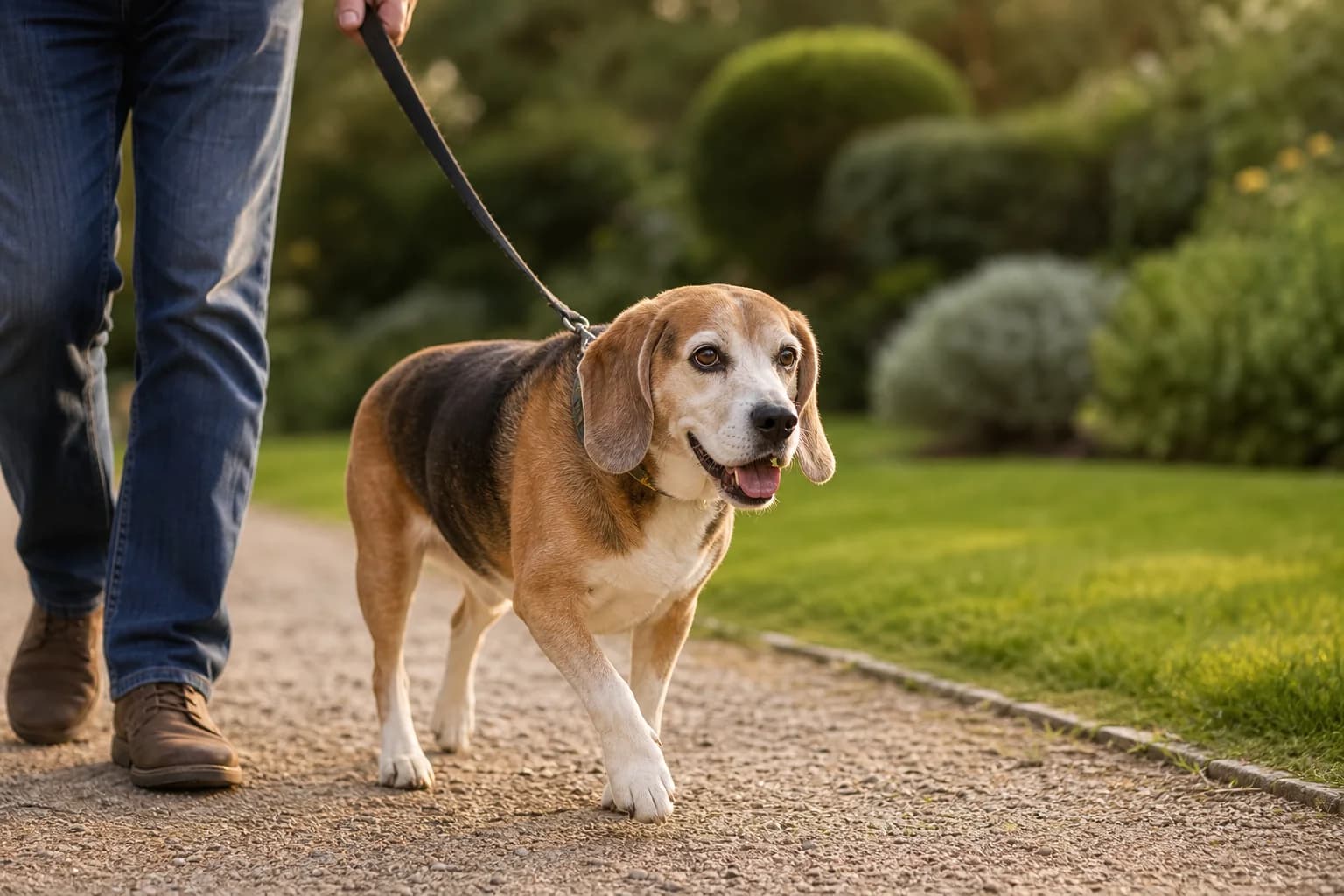 Un beagle âgé au museau gris marche tranquillement en laisse sur une allée du jardin à côté de son maître