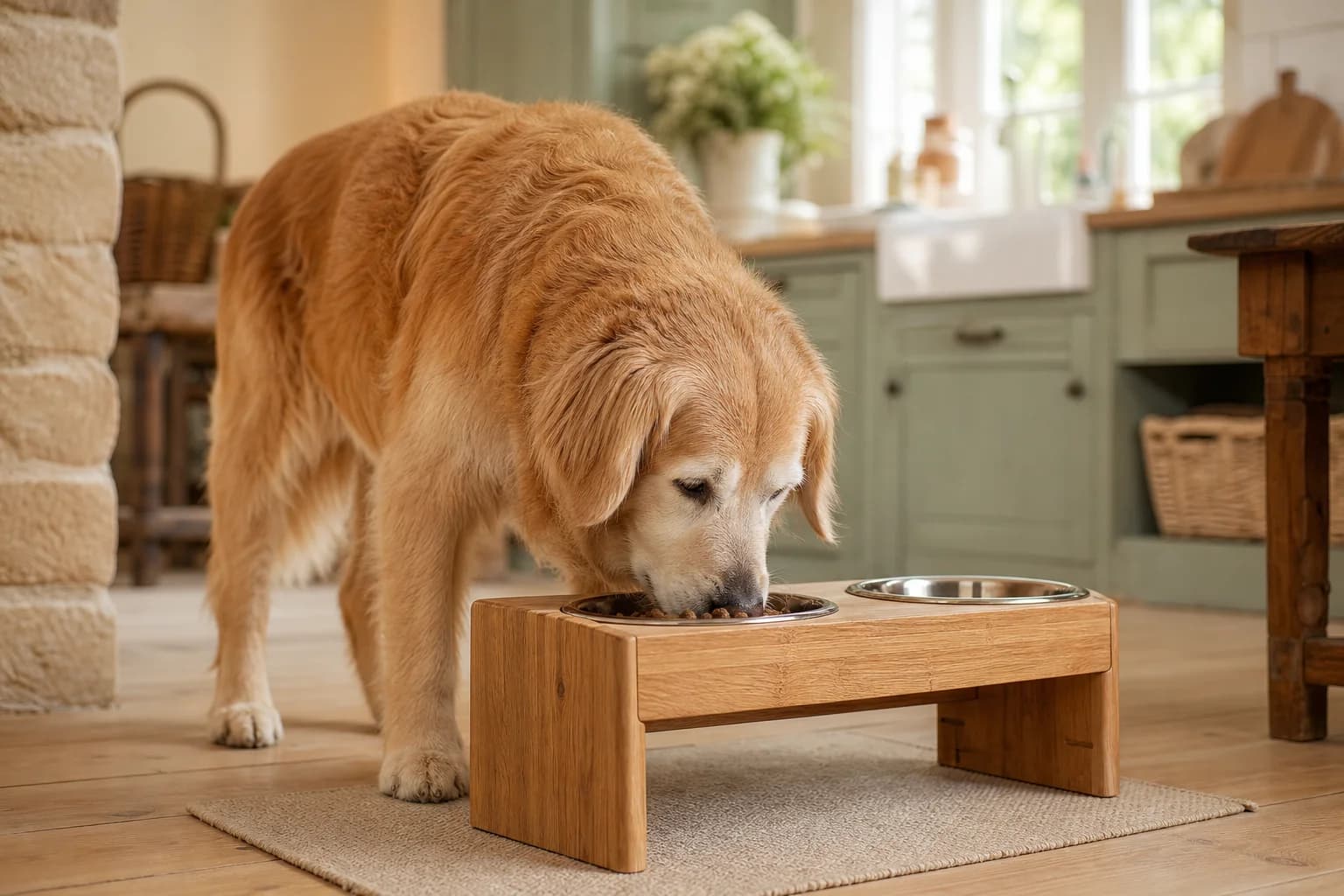 Un golden retriever âgé mange dans une gamelle surélevée en bois posée sur un tapis, dans une cuisine lumineuse