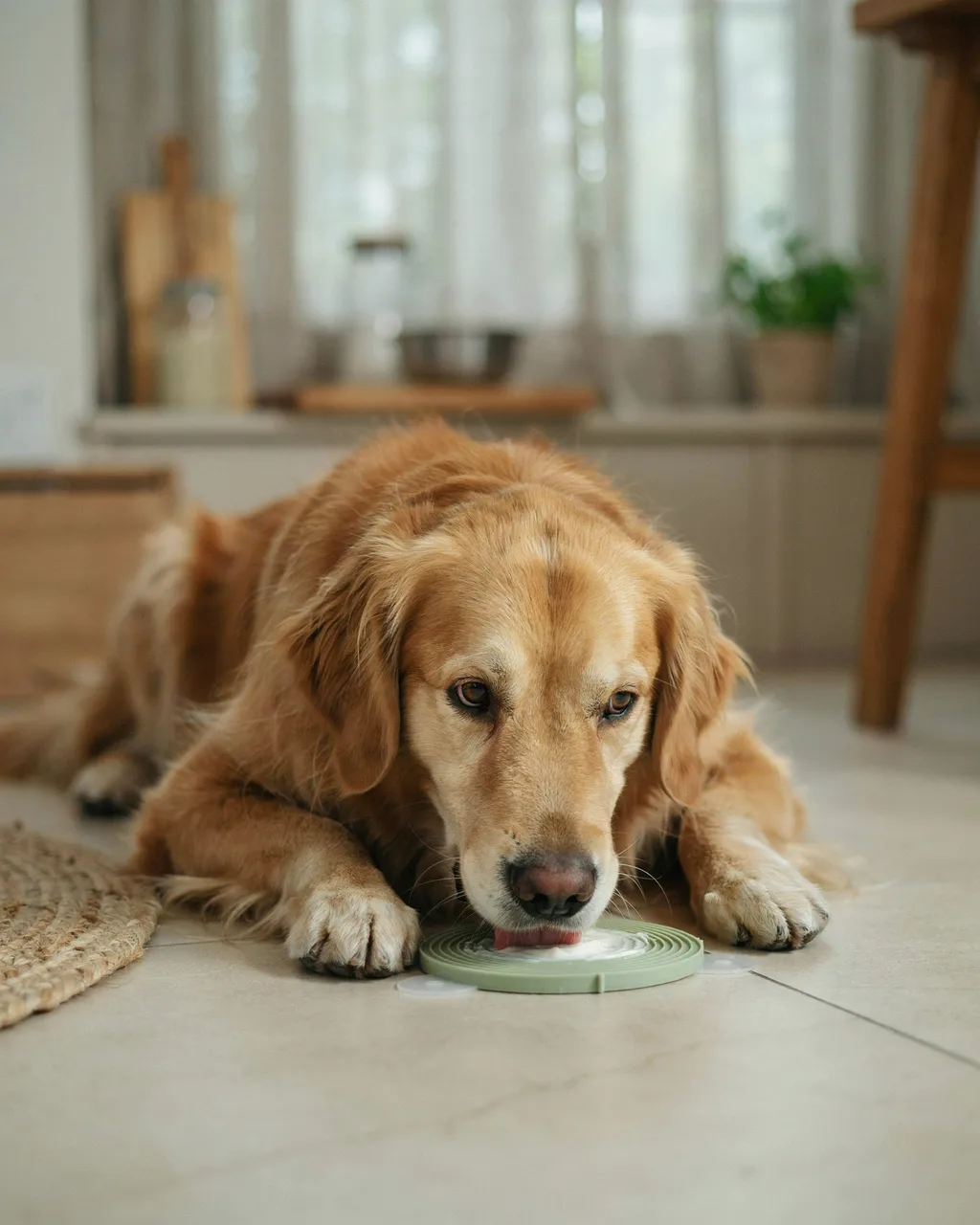 Un golden retriever âgé allongé sur le carrelage de la cuisine lèche un tapis de léchage vert sauge garni de yaourt