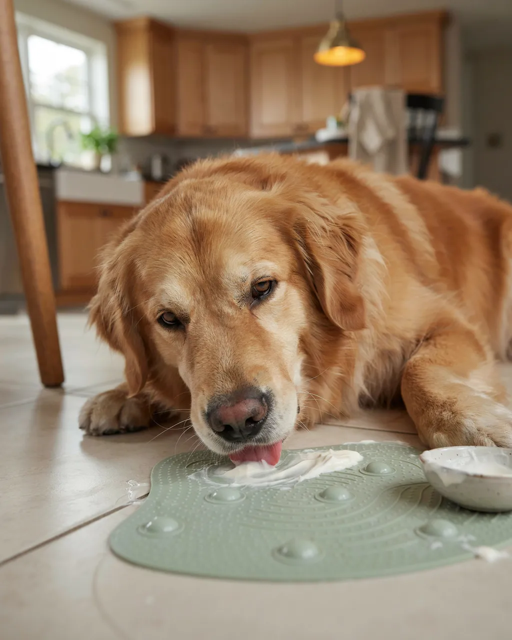 Un vieux golden retriever lèche un tapis de léchage vert sauge fixé au carrelage, à côté d'un petit bol de yaourt