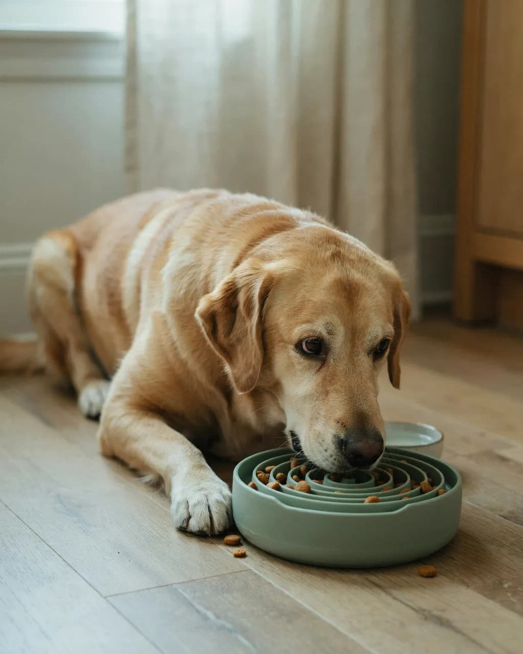 Un vieux labrador couché près d'une fenêtre mange lentement dans une gamelle anti-glouton vert sauge à reliefs
