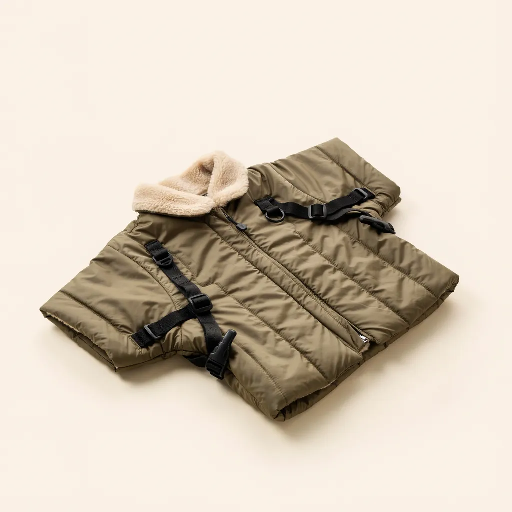 Manteau matelassé vert olive vu de trois quarts, avec son col en polaire douce, sa fermeture et les sangles noires du harnais intégré, sur fond crème