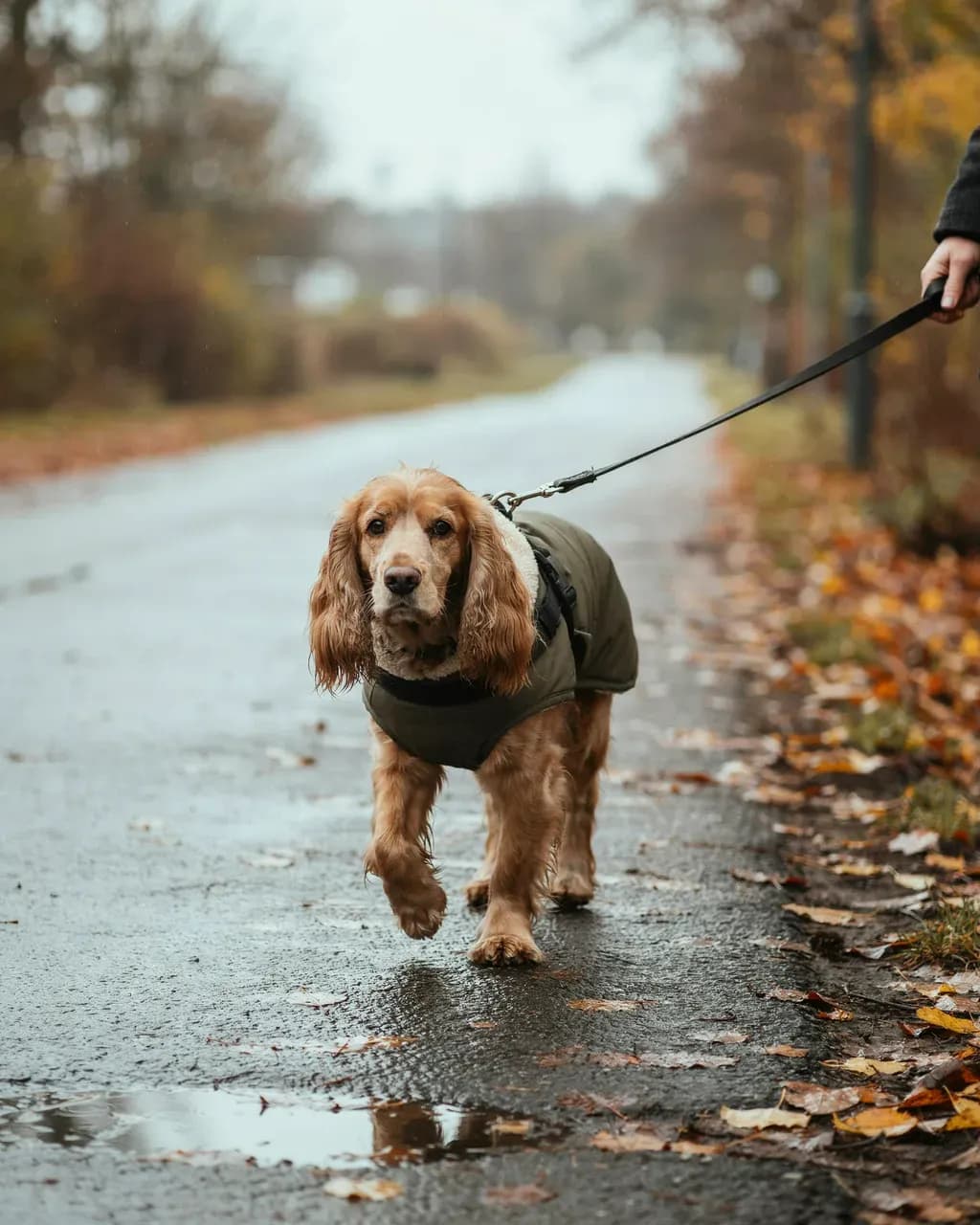 Un cocker senior marche en laisse sur un chemin mouillé d’automne, vêtu d’un manteau vert olive à col polaire