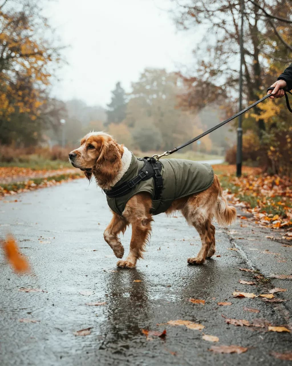 Un cocker senior en promenade sous la pluie, portant un manteau vert olive à col polaire avec la laisse fixée au harnais intégré