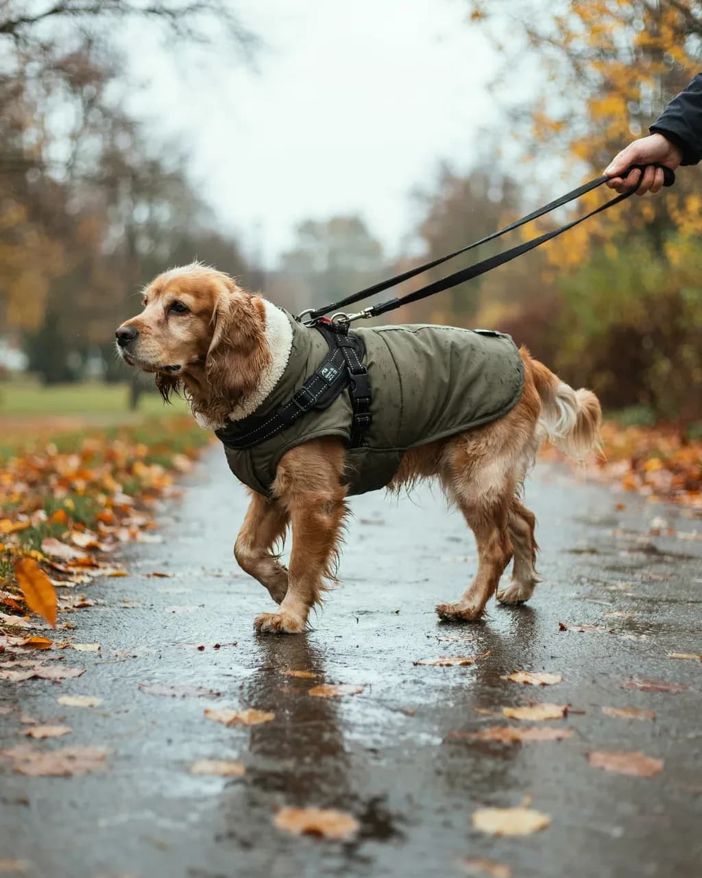Un vieux cocker avance sur un chemin mouillé couvert de feuilles d'automne, en manteau d'hiver vert olive, tenu en laisse