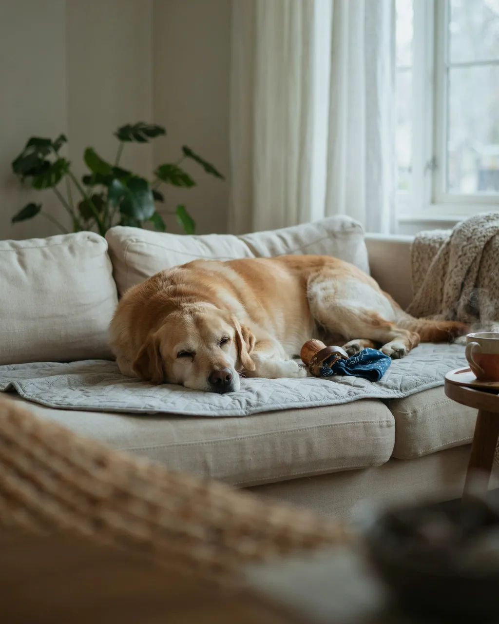 Un golden retriever âgé fait la sieste sur une alèse grise étendue sur le canapé du salon, son jouet à côté de lui