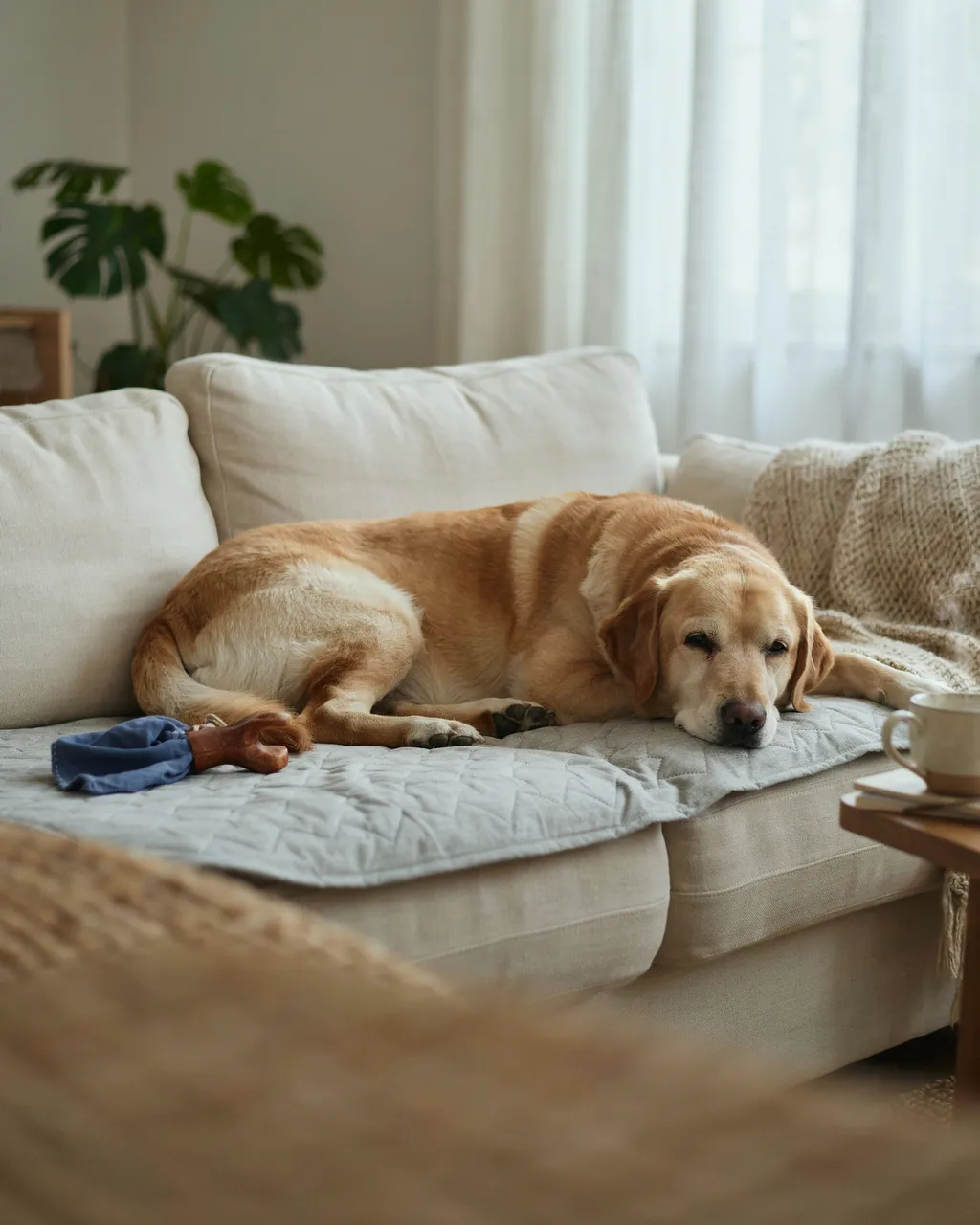 Un vieux golden retriever allongé sur une alèse grise qui protège le canapé, à côté d'une tasse de thé