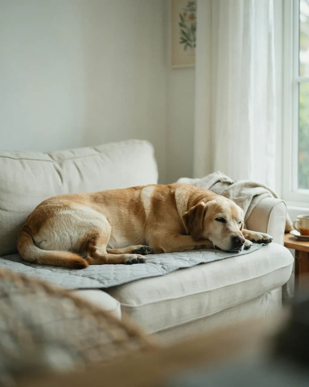 Un vieux labrador dort paisiblement sur une alèse grise matelassée posée sur un canapé clair, près d'une fenêtre