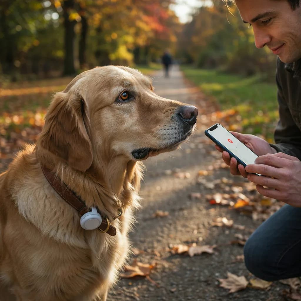 Gros plan sur un golden retriever âgé portant un traceur blanc à son collier en cuir, à côté de son maître souriant qui consulte son iPhone