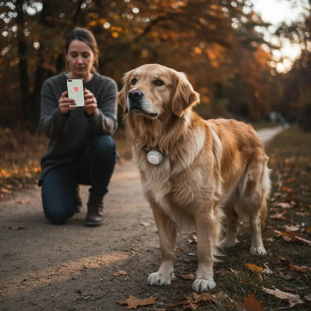 Un golden retriever âgé porte un traceur blanc sur son collier, pendant que sa maîtresse, agenouillée sur un chemin d'automne, regarde sa position sur son iPhone