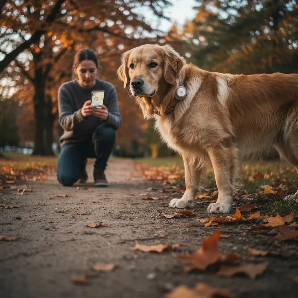 Une femme agenouillée sur une allée couverte de feuilles mortes suit sur son iPhone le traceur fixé au collier de son vieux golden retriever
