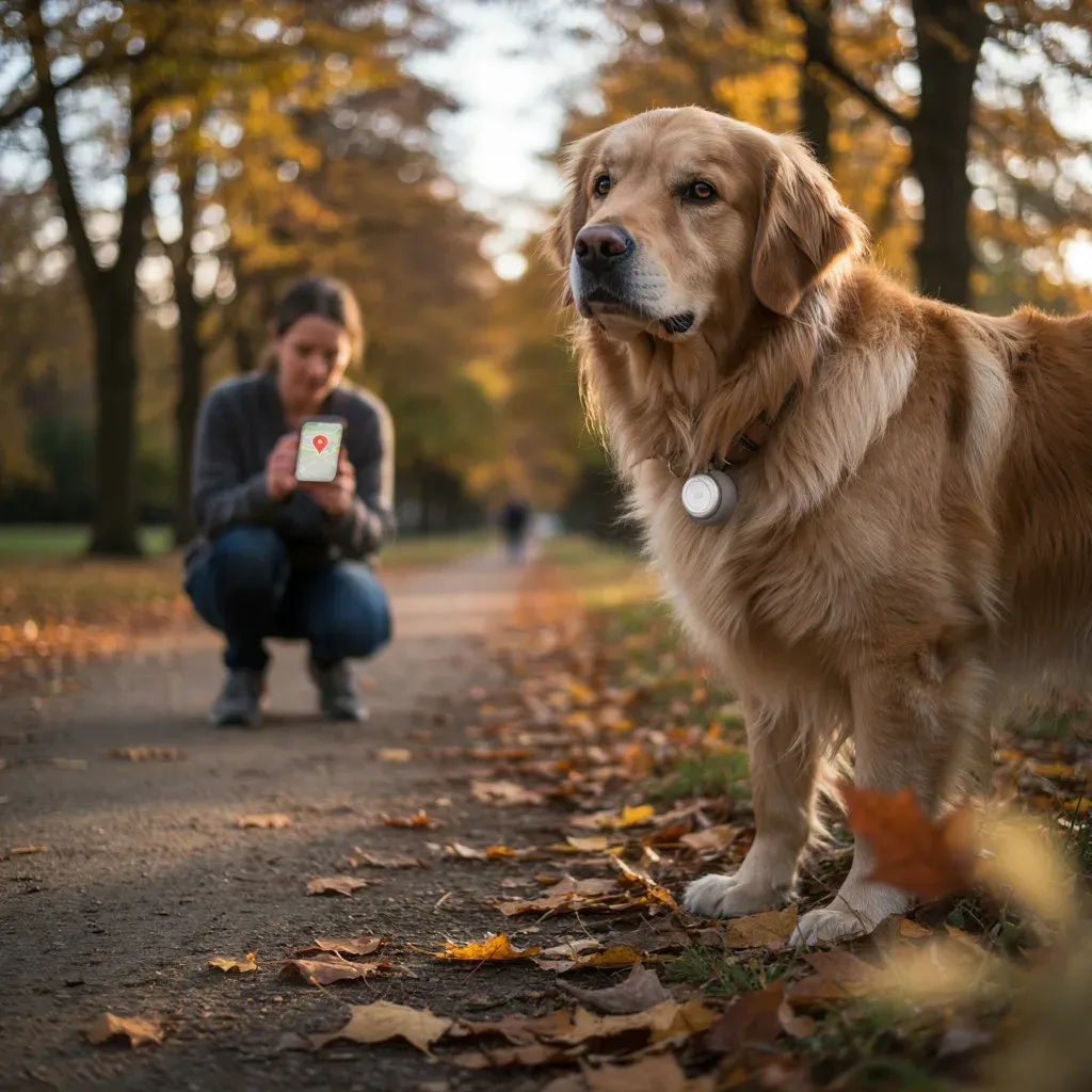 Un golden retriever senior au premier plan, le traceur rond accroché à son collier, et sa maîtresse accroupie qui le localise sur son iPhone dans un parc en automne