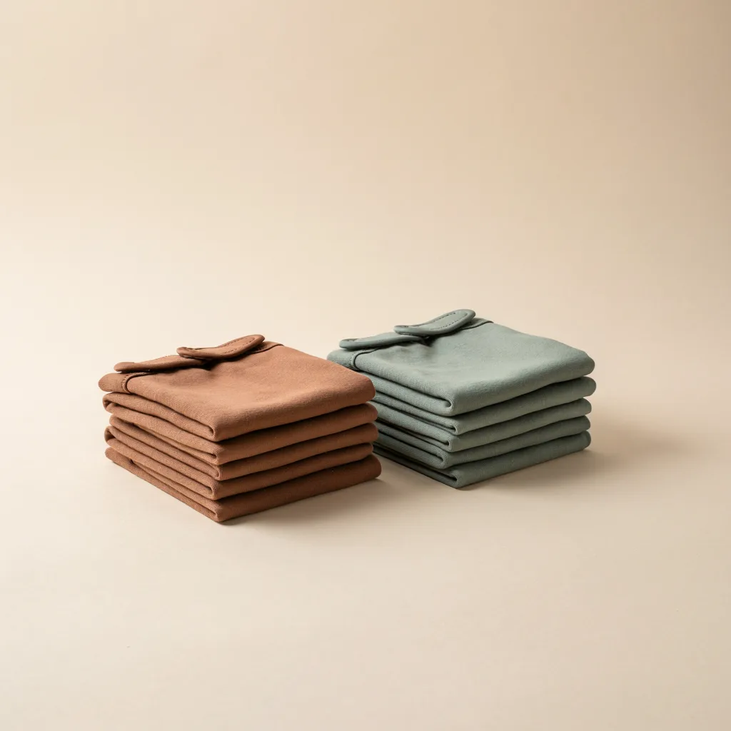 Deux piles de culottes hygiéniques lavables pliées, marron et vert sauge, avec leur bande auto-agrippante, sur fond crème