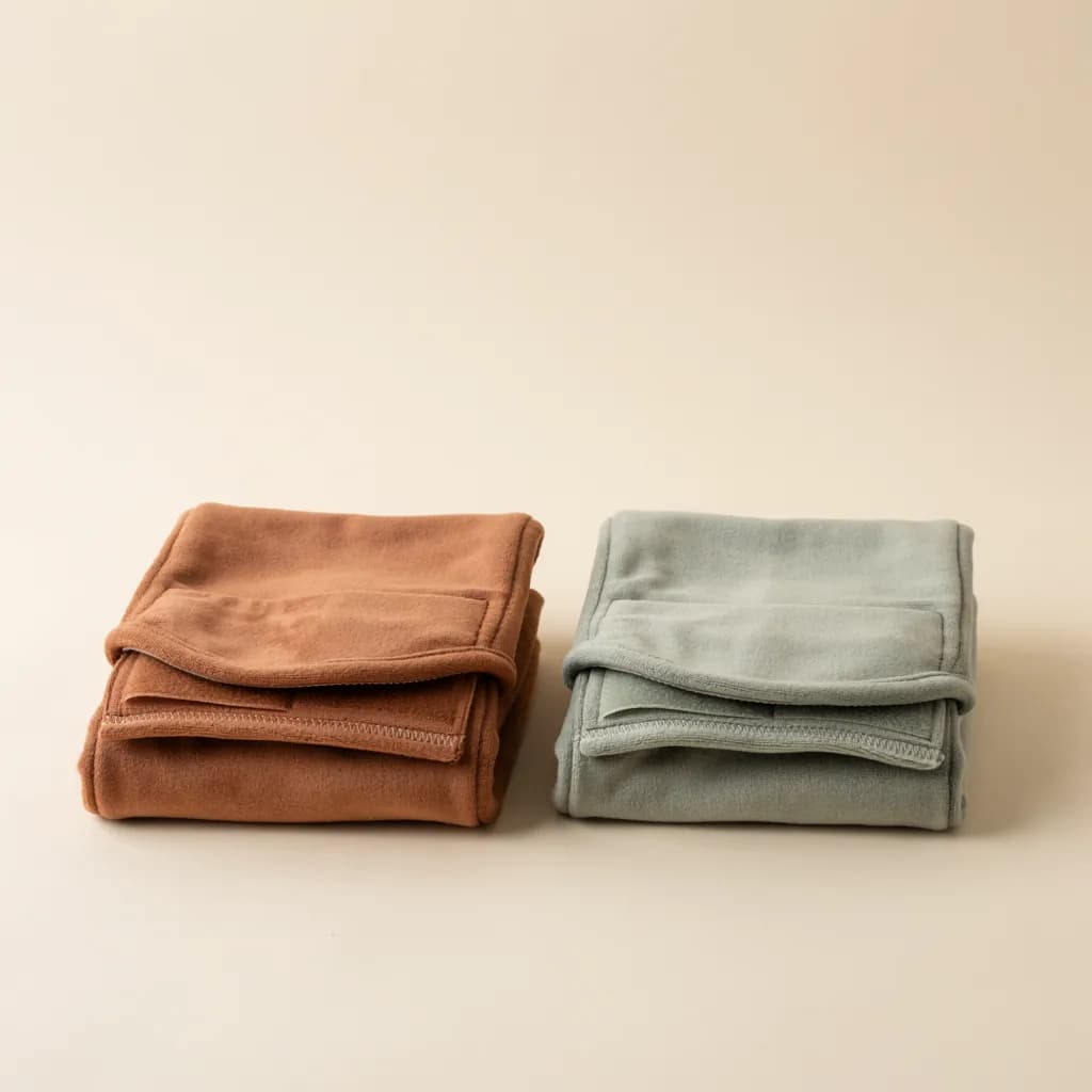 Deux culottes hygiéniques lavables pliées, une marron et une vert sauge, posées côte à côte sur fond crème