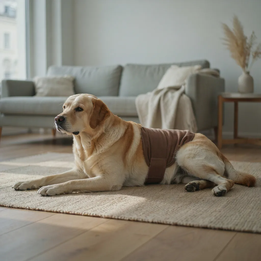 Un labrador senior couché de profil sur un tapis, devant un canapé gris, avec sa culotte lavable marron ajustée autour du ventre