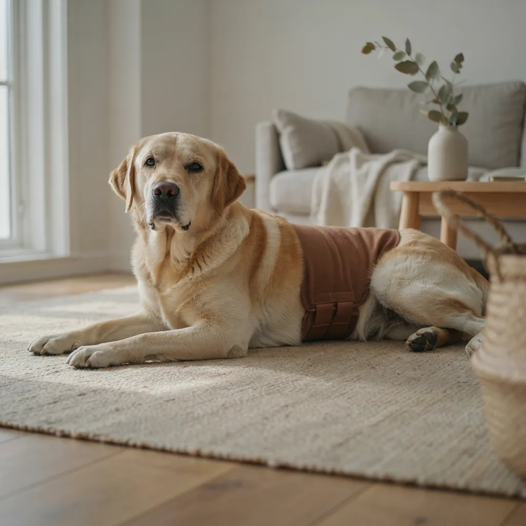 Un vieux labrador allongé dans un salon lumineux regarde l'objectif, vêtu d'une culotte hygiénique marron fermée par une bande réglable