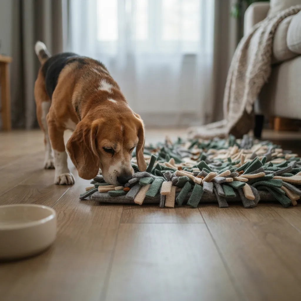 Un beagle senior renifle les bandes de feutre d'un tapis de fouille posé sur le parquet, près d'une gamelle blanche