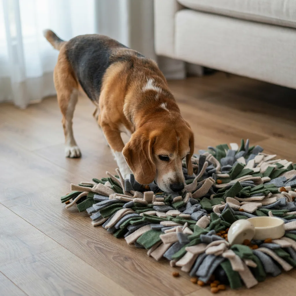 Un beagle âgé cherche des croquettes avec sa truffe dans un tapis de fouille en feutre vert, gris et beige, sur le parquet du salon