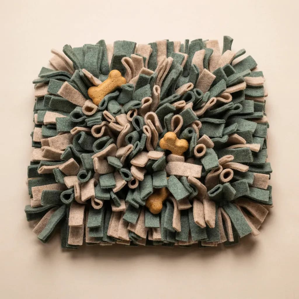 Tapis de fouille en feutre vert sauge et beige vu de dessus, avec des friandises en forme d'os cachées entre les bandes, sur fond crème