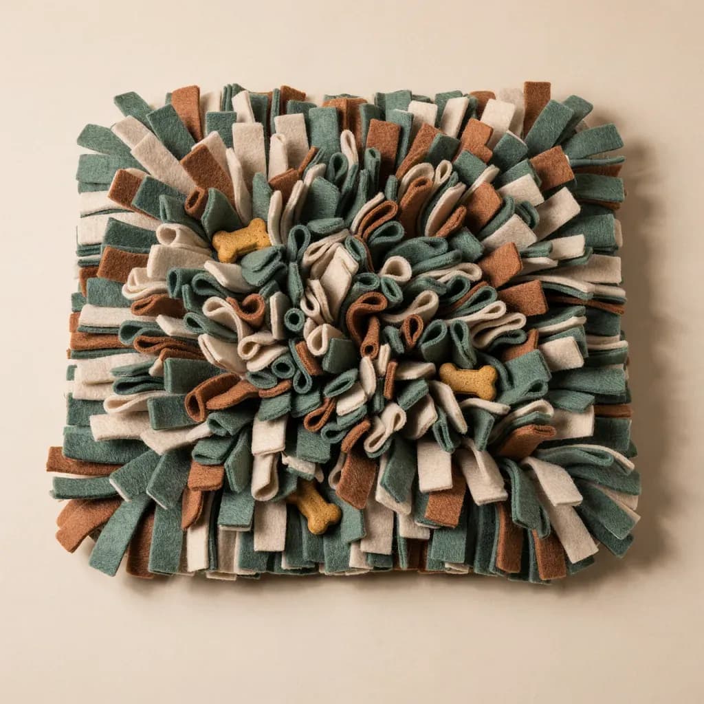 Tapis de fouille en feutre vert sauge, crème et caramel vu de dessus, quelques friandises glissées entre les bandes, sur fond crème