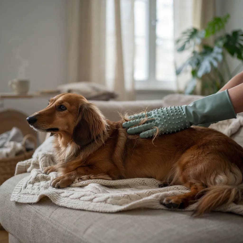 Un teckel à poil long allongé sur un plaid du canapé, caressé avec un gant de toilettage en silicone vert sauge qui retient les poils morts