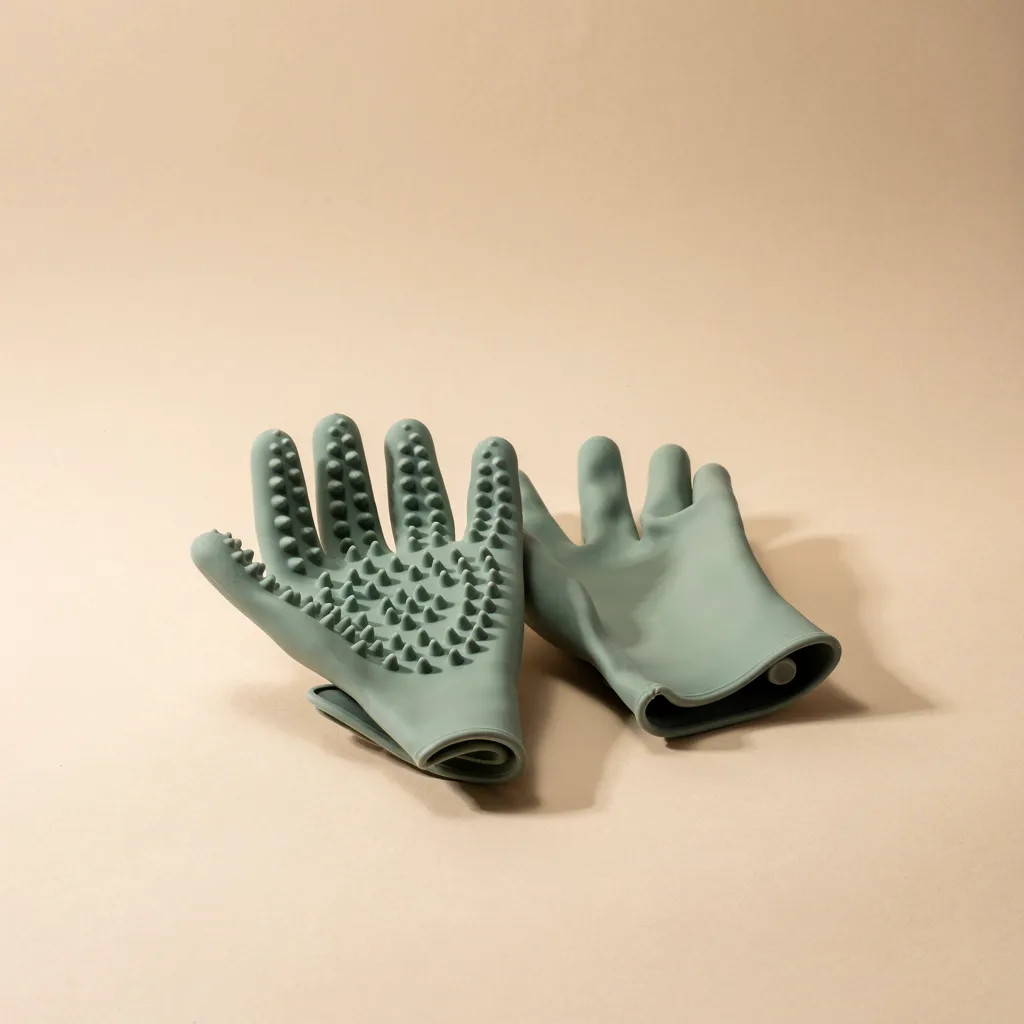 Deux gants de toilettage en silicone vert sauge, couverts de picots arrondis, posés sur fond beige