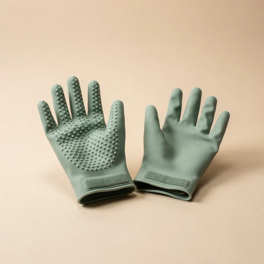 Paire de gants de toilettage en silicone vert sauge vus de face, avec leurs picots arrondis et leur sangle réglable au poignet, sur fond beige